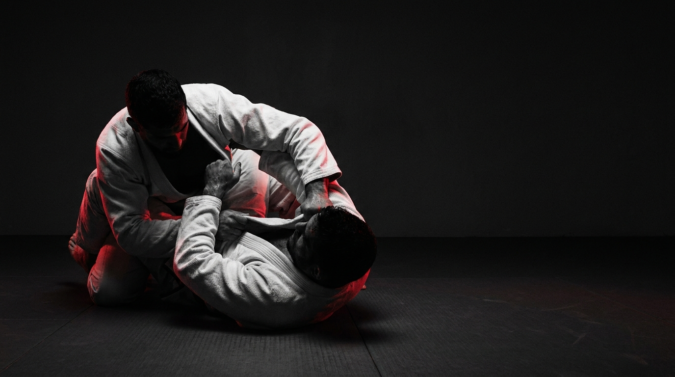 Two athletes grappling in white gis