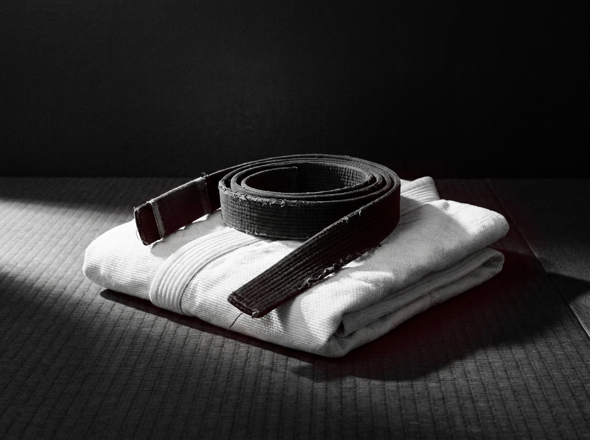 A black belt resting on a folded white gi