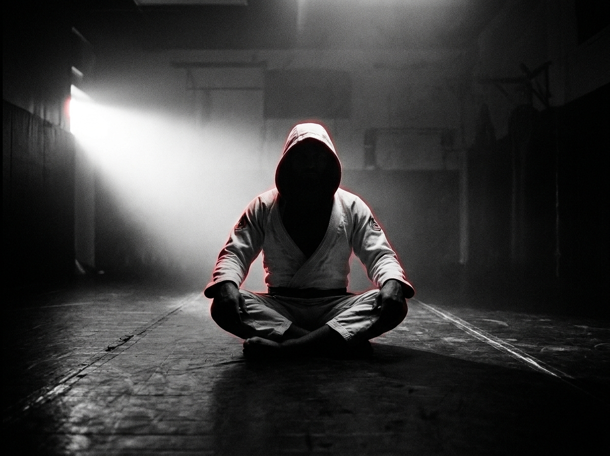 An athlete drilling alone in a beam of light
